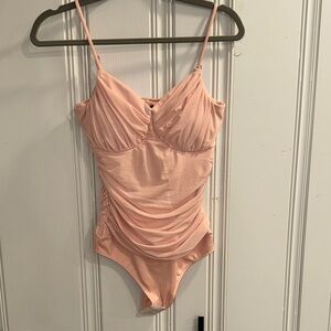 Express Peach Ruched Bodysuit